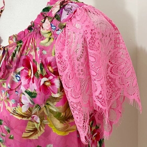 Hale Bob Kailani Pink Floral Tropical Top Lace Short Sleeves Size S - Picture 3 of 7